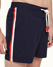 Standard Navy Stripe Seam Mid-Length Drawcord Swim Shorts | Navy