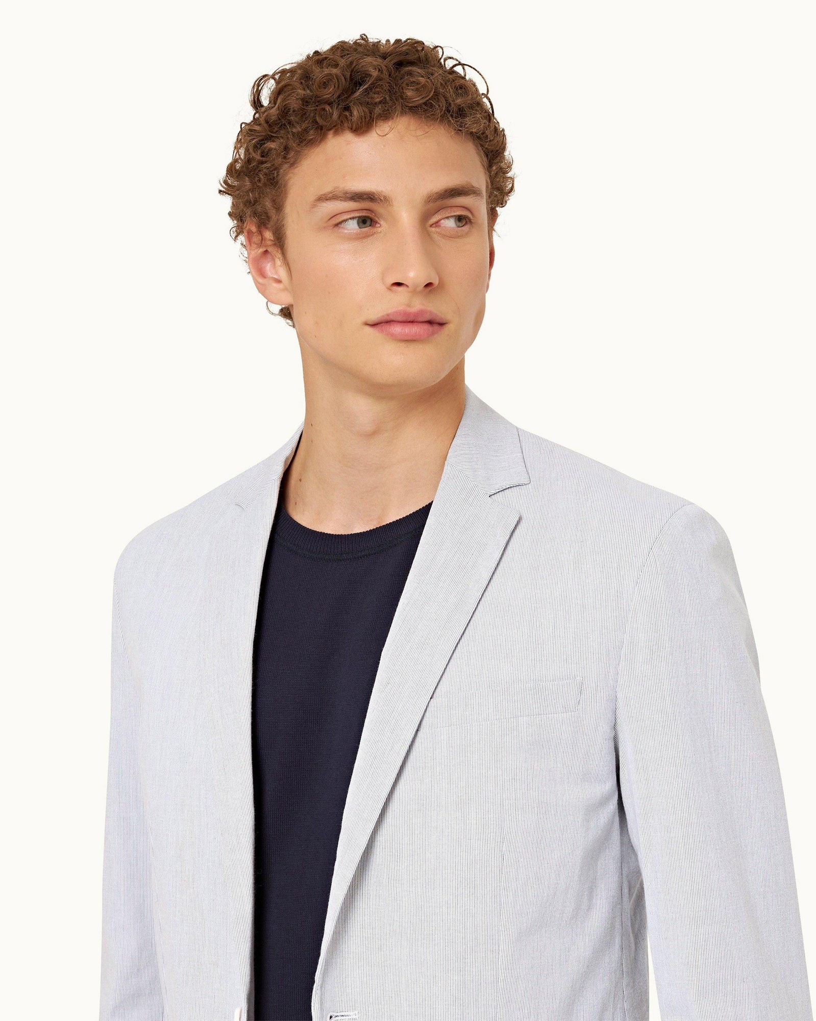 Midnight Navy/White Tailored Fit Unstructured Stretch-Cotton Blazer | Midnight Navy/White