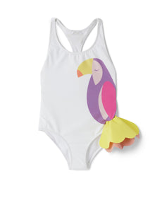 One-Piece Swimsuit with Toucan Print And Sensitive Fabrics Application | White