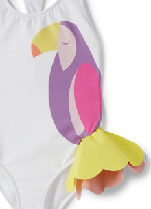 One-Piece Swimsuit with Toucan Print And Sensitive Fabrics Application | White