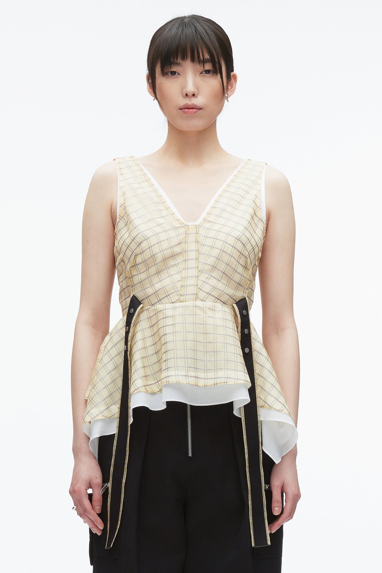 Plaid Organza V-Neck Top | Hay Multi