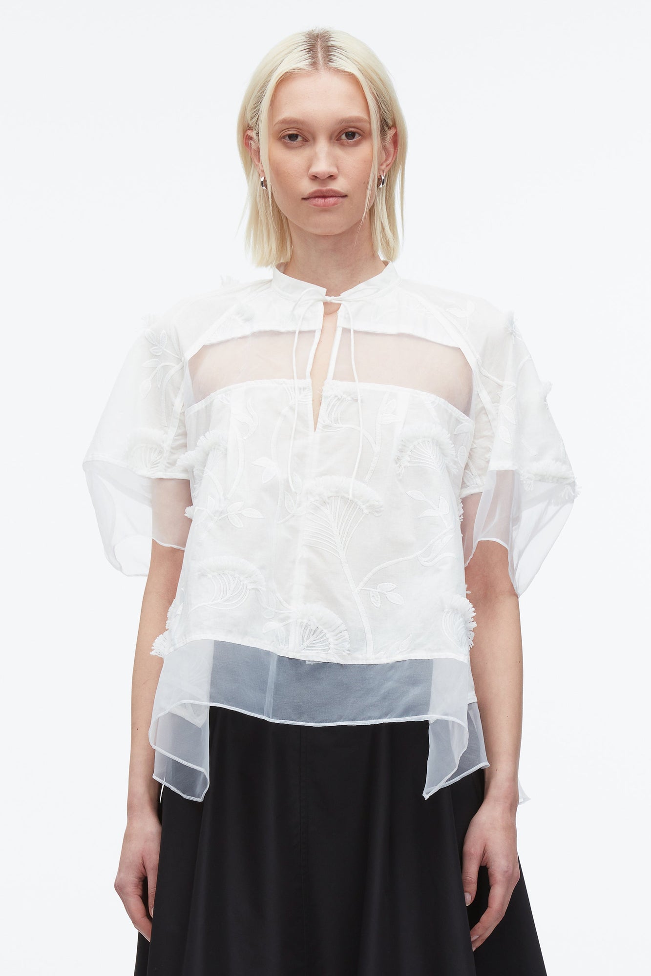 Embroidery Voile Top with Organza Combo | White