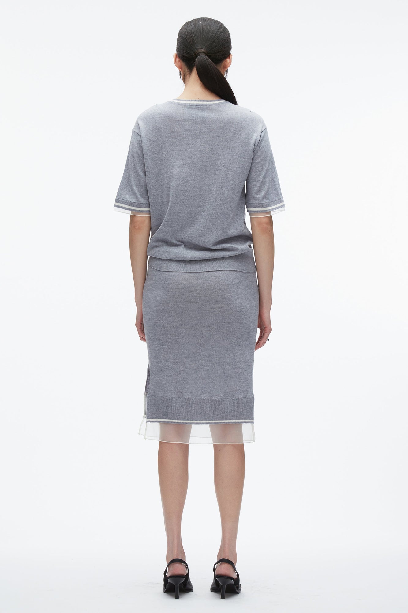 French Tuck Knit Dress with Organza | Grey Melange