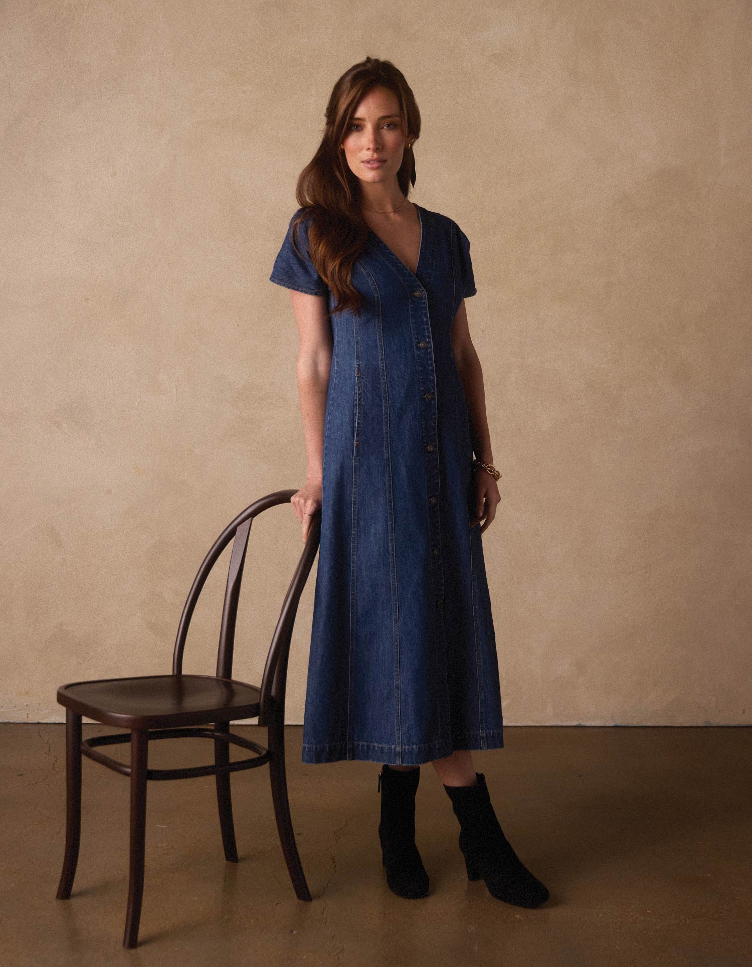 Women | Denim Seamed Midi Dress | Medium Wash