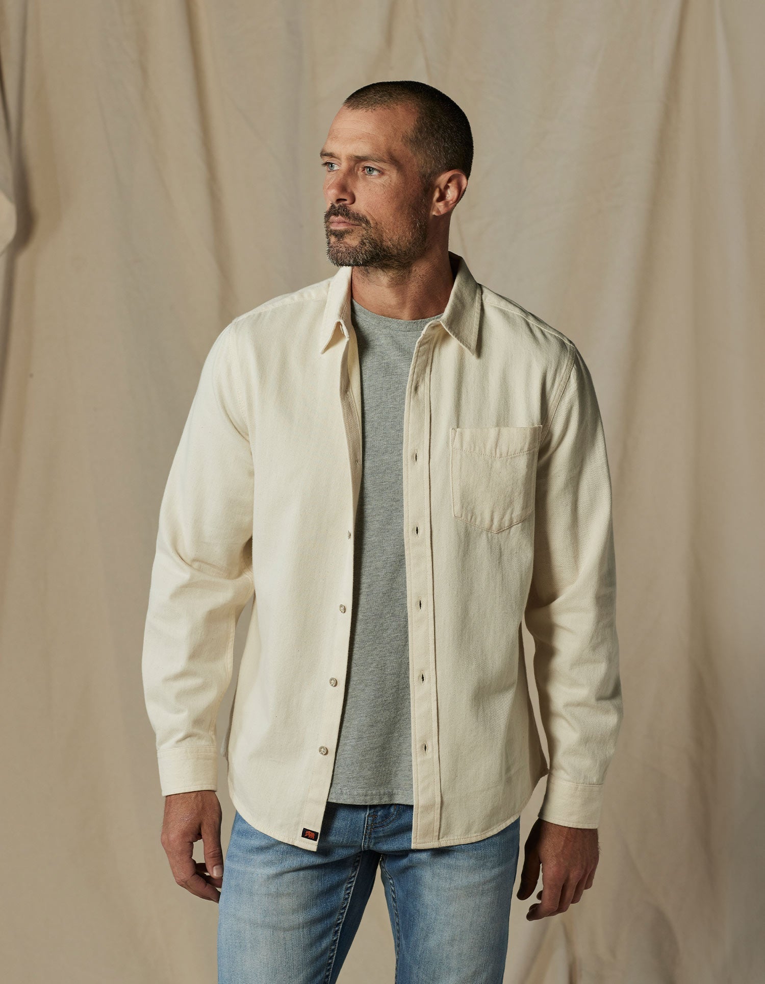 Men | Cotton Denim Long Sleeve Button Up | Ecru