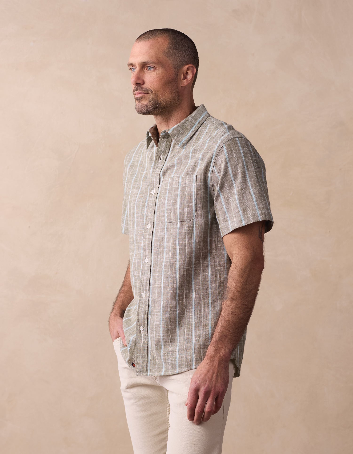 Men | Freshwater Short Sleeve Button Up Shirt | Deep Sage Stripe