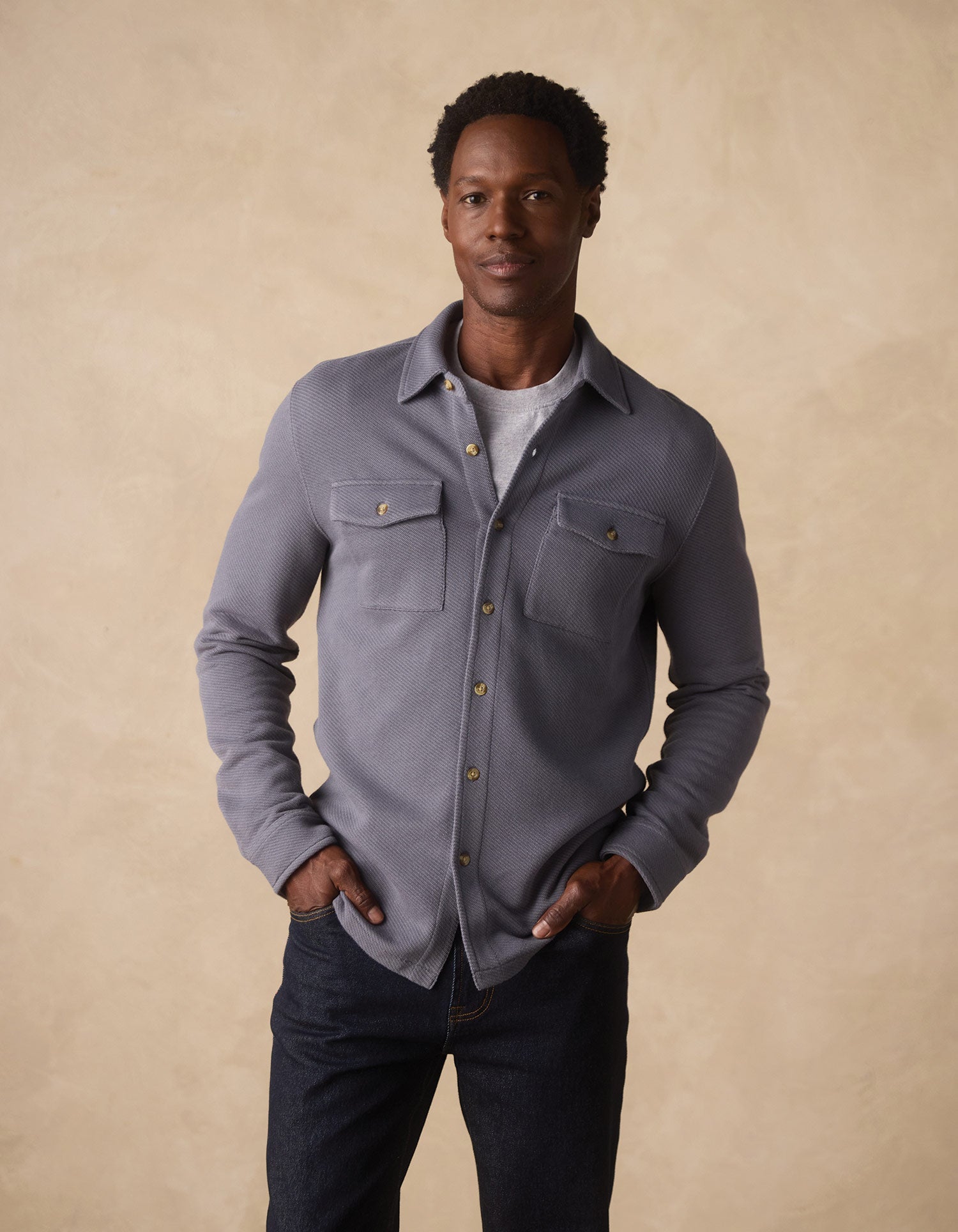 Men | Looped Terry Button Up | Harbor Blue