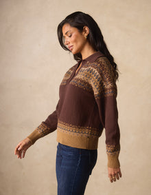Women | Fair Isle Polo Sweater | Brown Multi