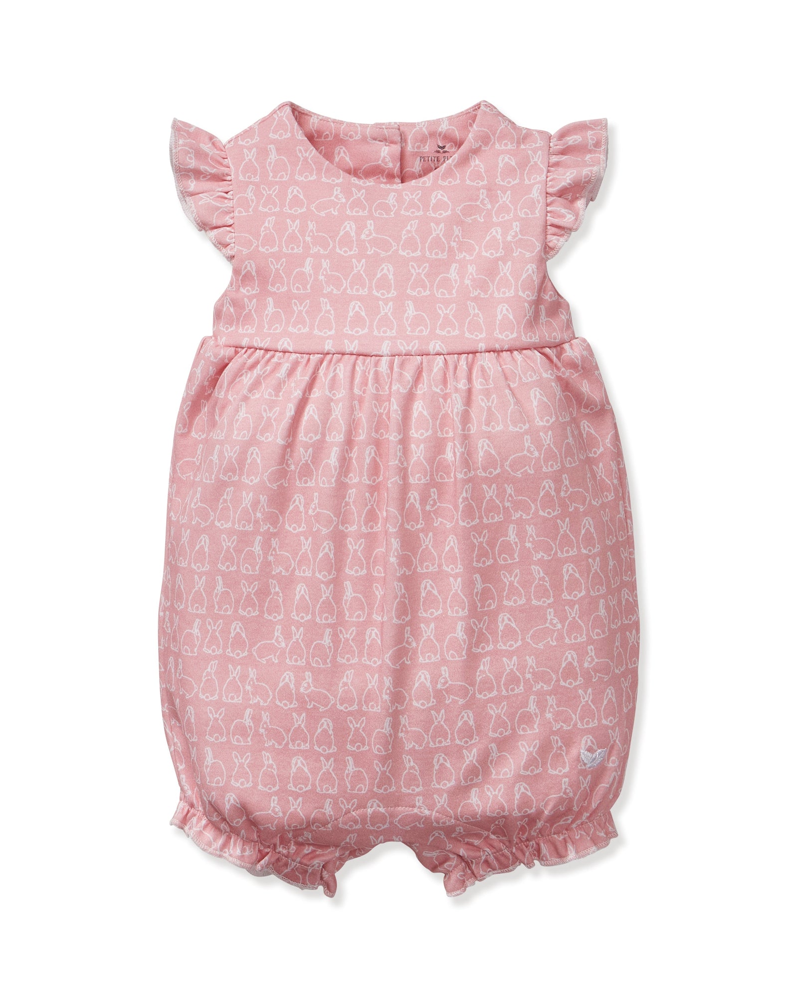 Baby's Pima Isla Play Romper in Hoppy Days Pink features flutter sleeves, ruffled leg openings, a gathered waist, and an allover white bunny outline print. Shown laid flat on a white background.