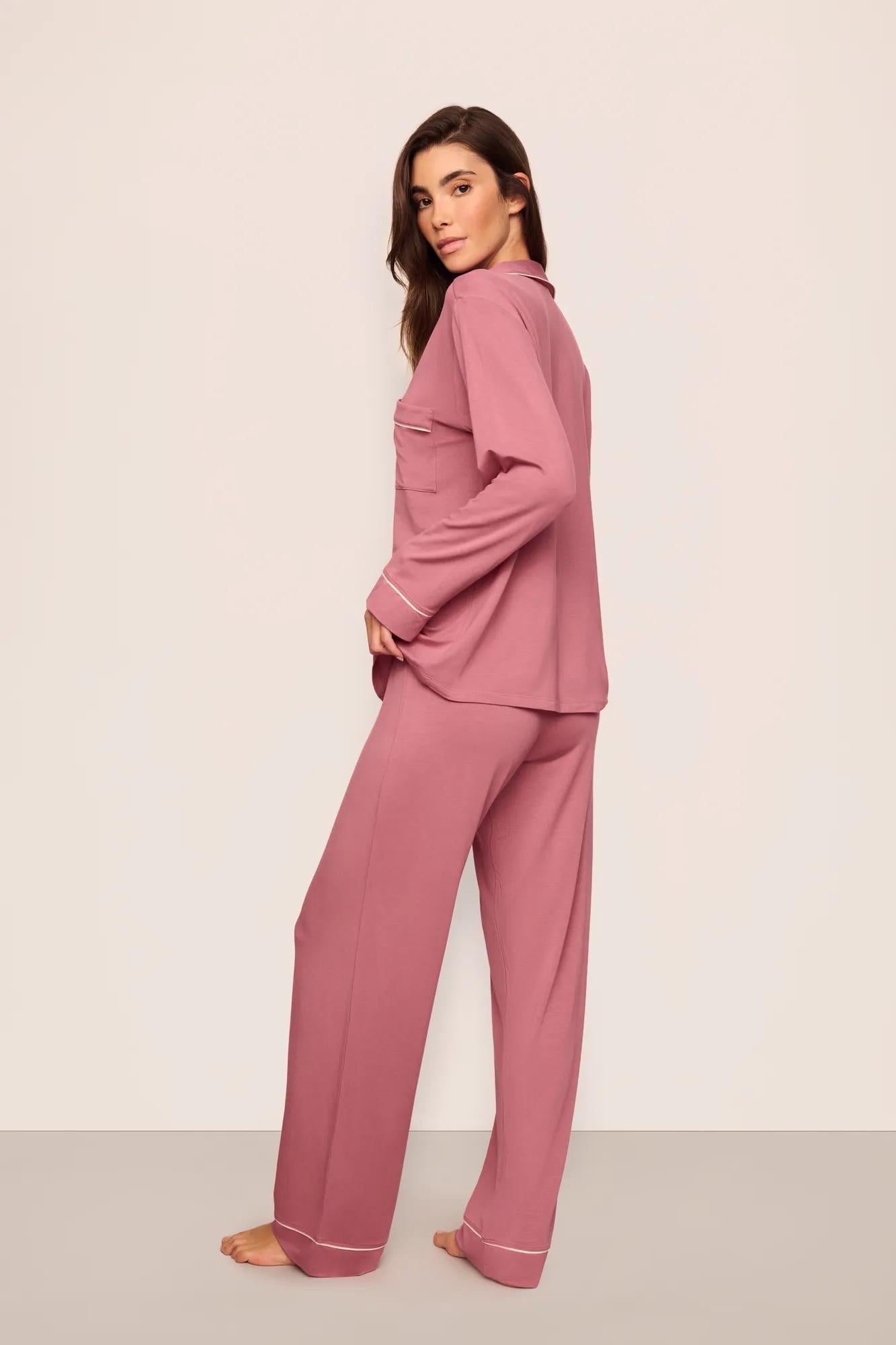 Model is wearing Gisele TENCEL Modal Long PJ Set  in  Berry Blush/Ivory