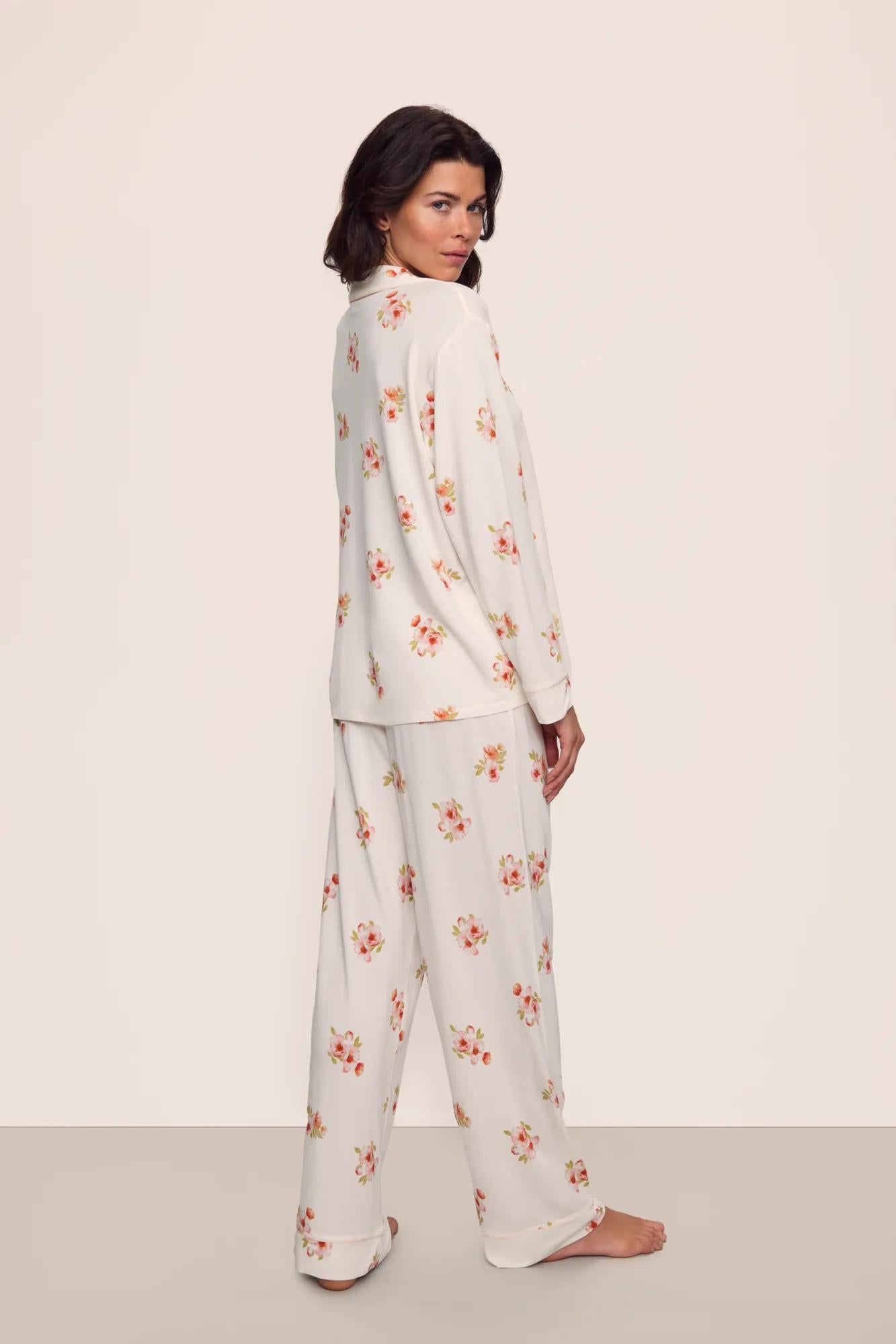 Model is wearing Gisele Printed TENCEL Modal Long PJ Set in  Floral Bloom Ivy/Vanilla Cream