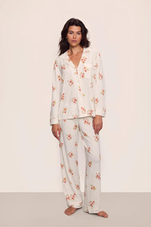 Model is wearing Gisele Printed TENCEL Modal Long PJ Set in  Floral Bloom Ivy/Vanilla Cream