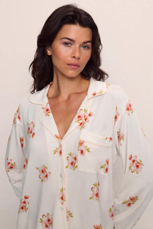 Model is wearing Gisele Printed TENCEL Modal Long PJ Set in  Floral Bloom Ivy/Vanilla Cream