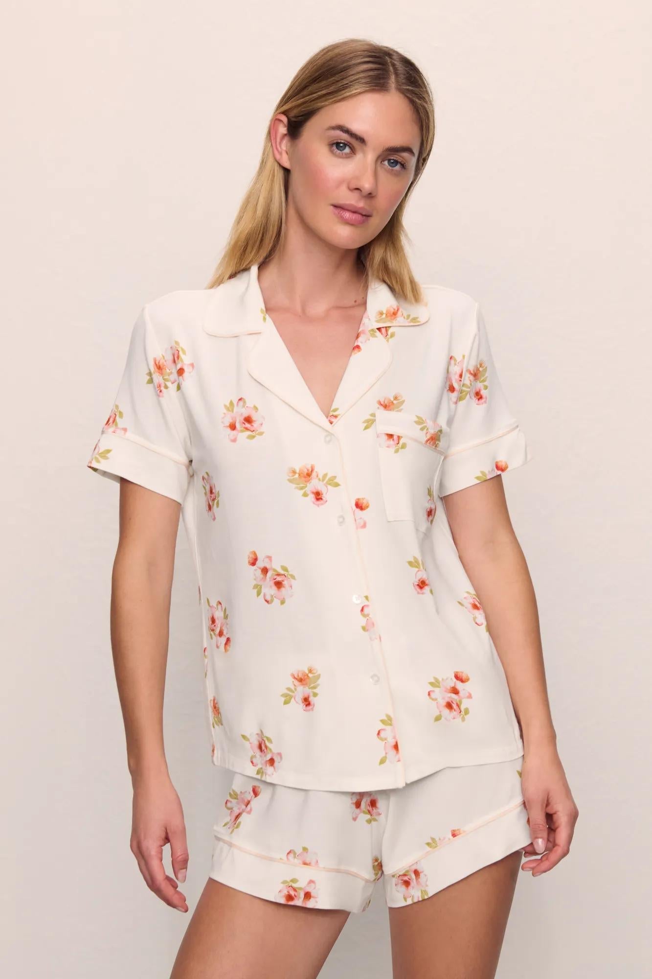 Model is wearing Gisele Printed TENCEL Modal Relaxed Short PJ Set in  Floral Bloom Ivy/Vanilla Cream