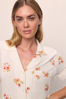 Model is wearing Gisele Printed TENCEL Modal Relaxed Short PJ Set in  Floral Bloom Ivy/Vanilla Cream