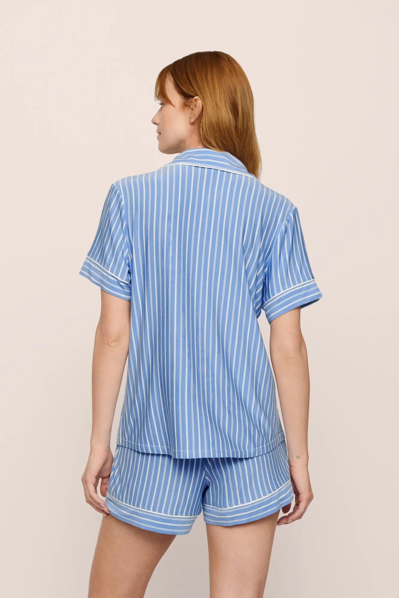 Model is wearing Gisele Printed TENCEL Modal Relaxed Short PJ Set in  Nordic Stripes Vista Blue/Ivory