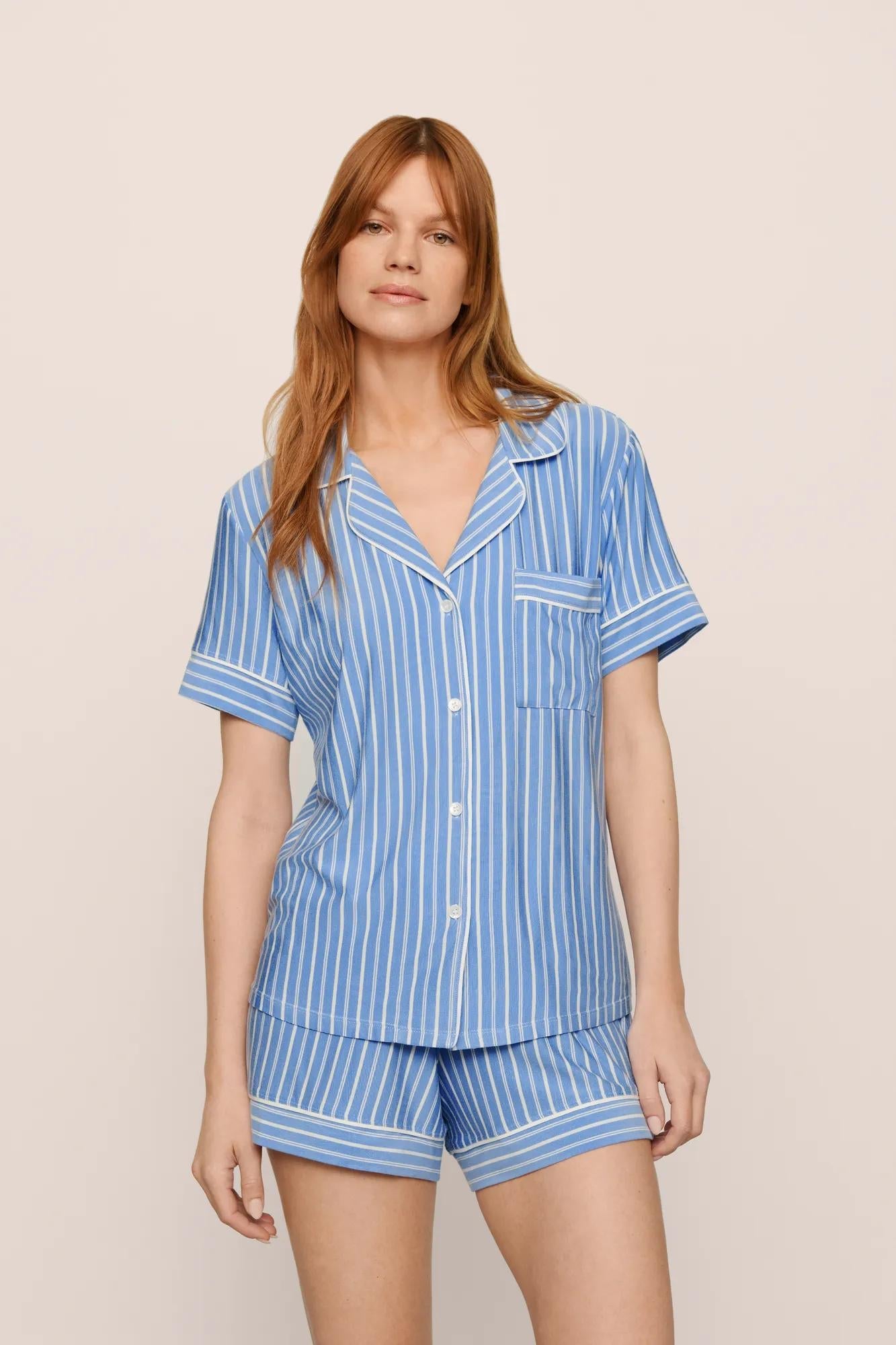 Model is wearing Gisele Printed TENCEL Modal Relaxed Short PJ Set in  Nordic Stripes Vista Blue/Iv