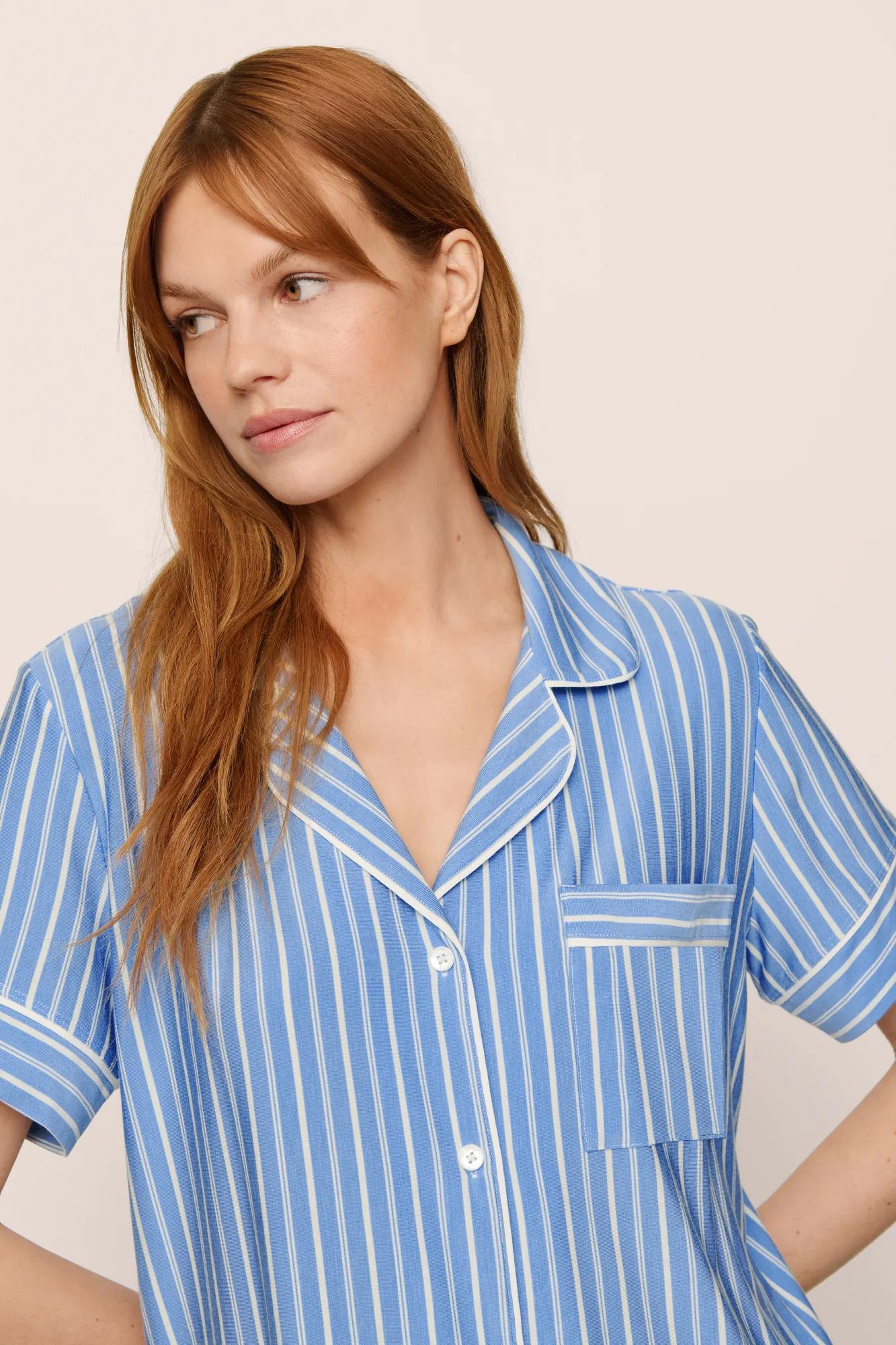 Model is wearing Gisele Printed TENCEL Modal Relaxed Short PJ Set in  Nordic Stripes Vista Blue/Iv