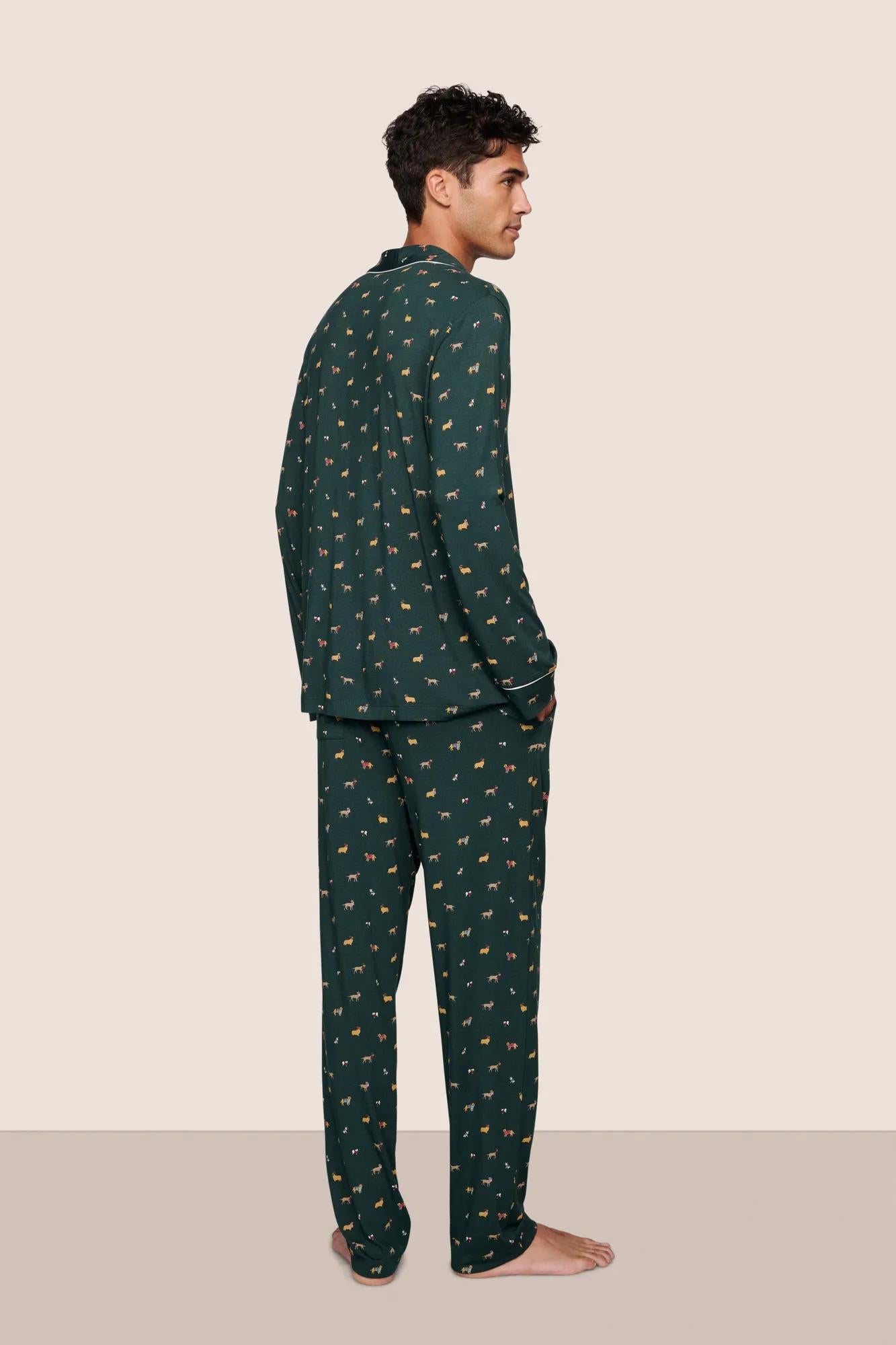 Model is wearing William Printed TENCEL Modal Long PJ Set  in Holiday Dogs Pine/Ivory