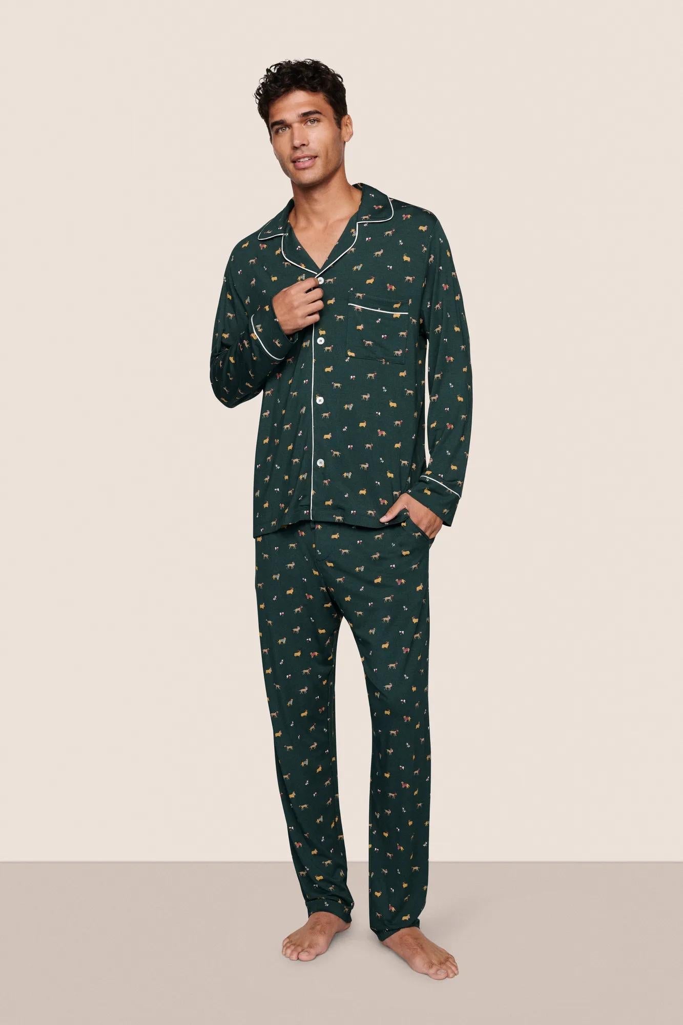 Model is wearing William Printed TENCEL Modal Long PJ Set  in Holiday Dogs Pine/Ivory