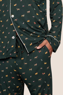 Model is wearing William Printed TENCEL Modal Long PJ Set  in Holiday Dogs Pine/Ivory