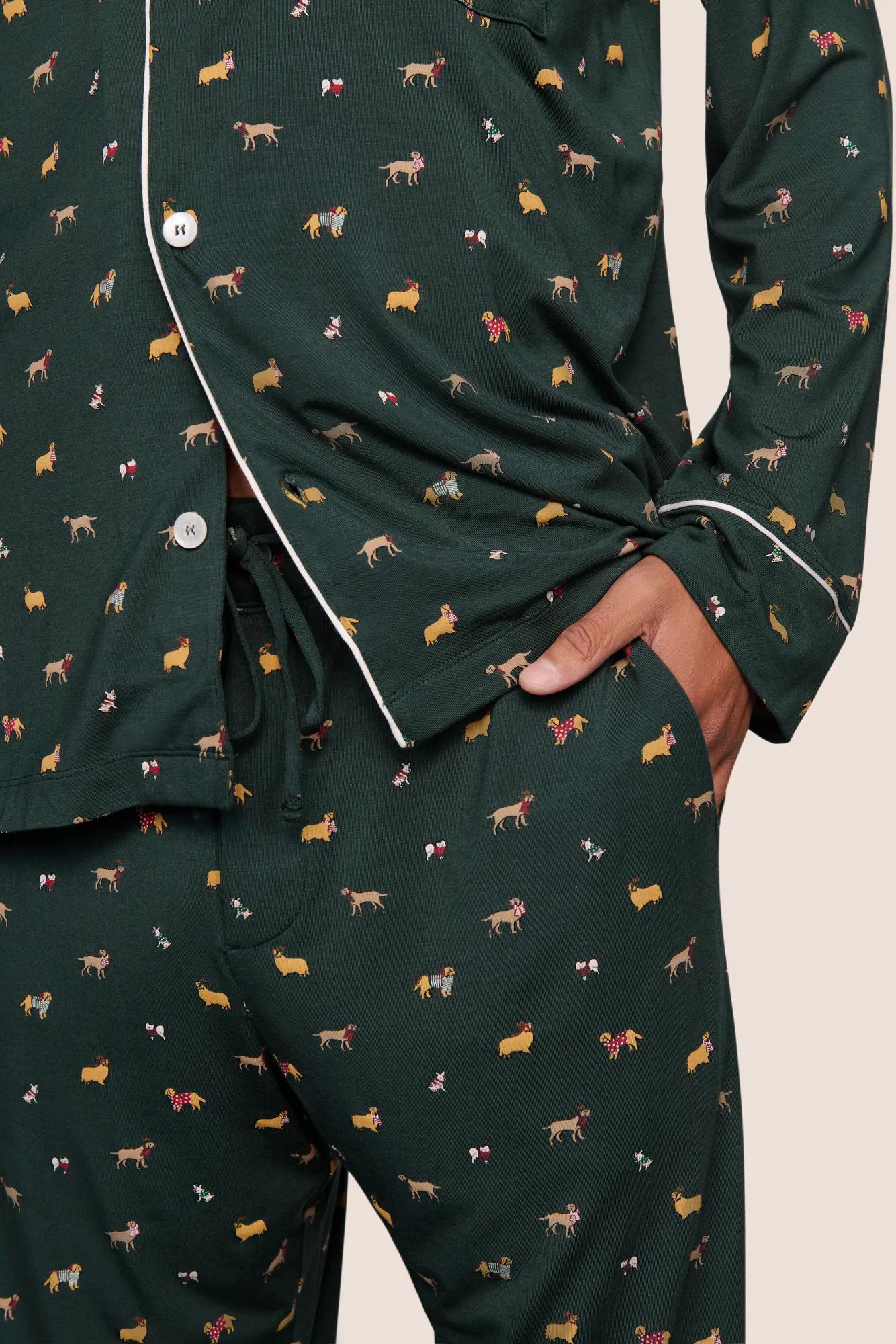 Model is wearing William Printed TENCEL Modal Long PJ Set  in Holiday Dogs Pine/Ivory