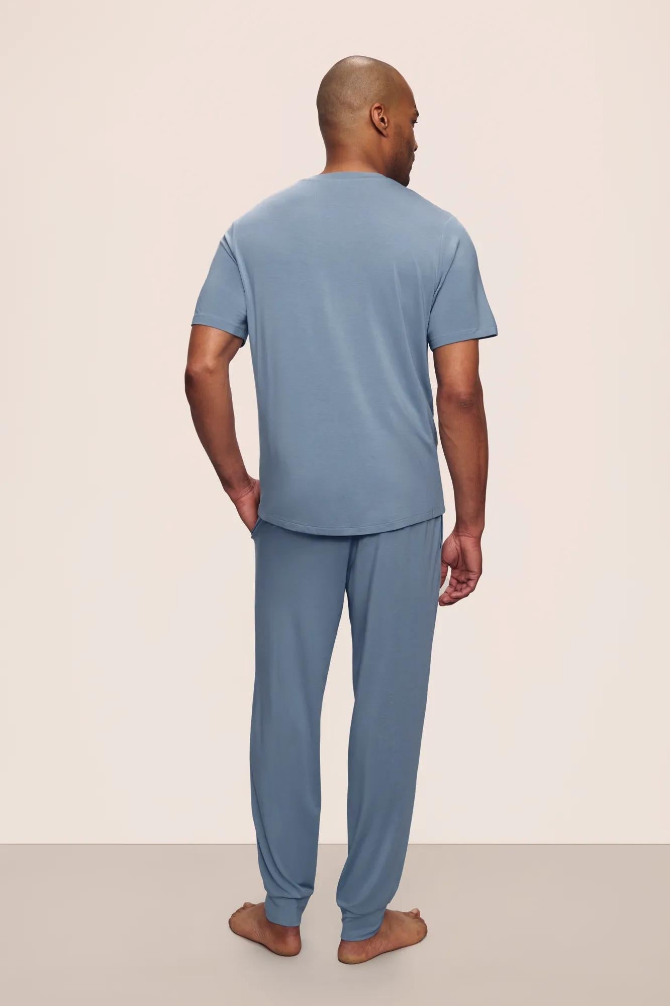 Model is wearing Henry TENCEL Modal Short Sleeve Pant PJ Set in Faded Denim