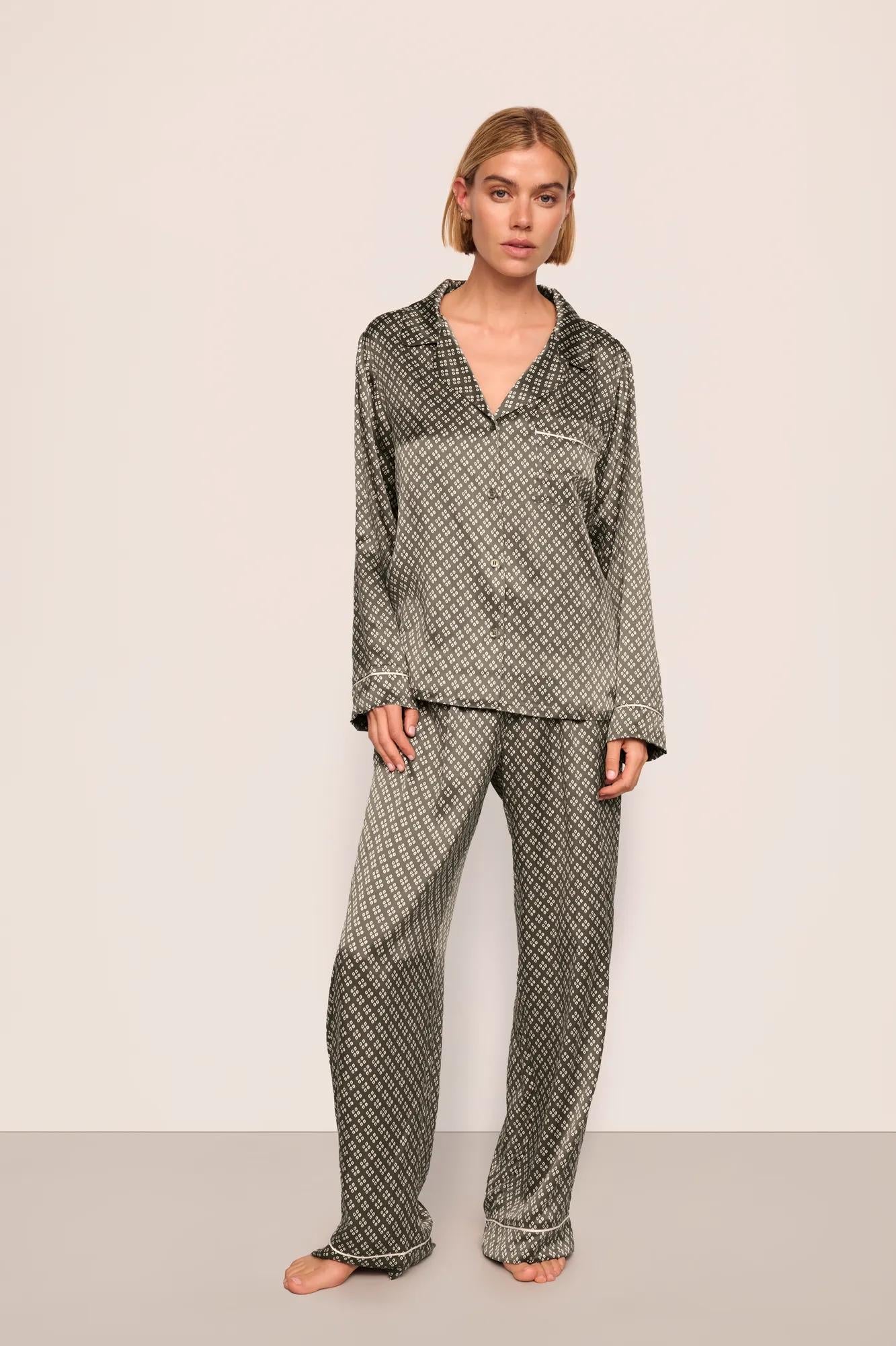 Model is wearing Inez Washable Silk Printed Long PJ Set  in Petite Batik Smokey Olive/Ivory