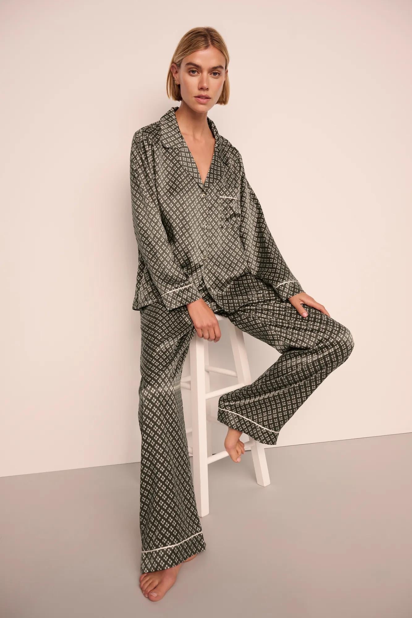 Model is wearing Inez Washable Silk Printed Long PJ Set  in Petite Batik Smokey Olive/Ivory