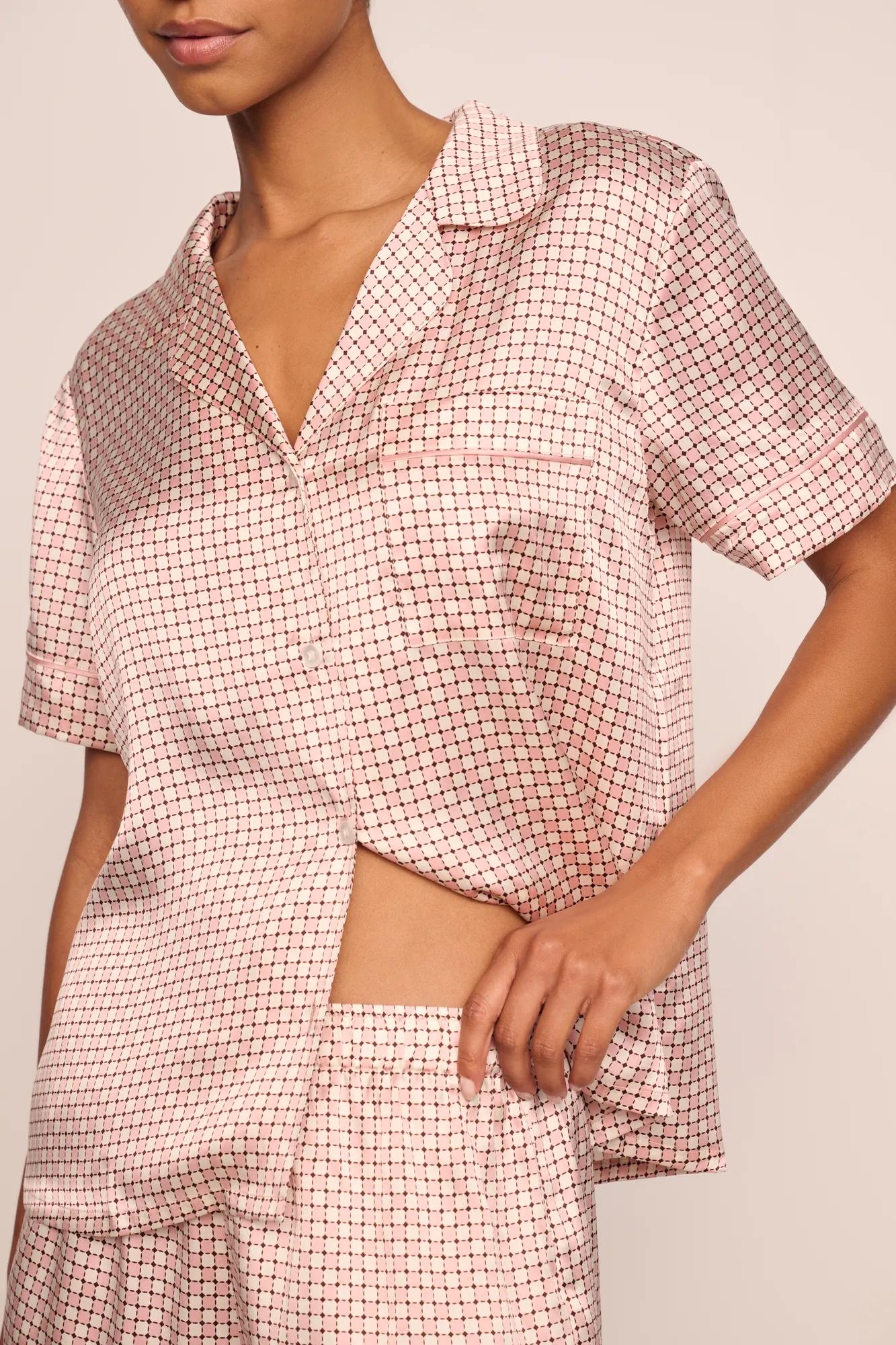 Model is wearing Inez Washable Silk Printed Short PJ Set  in Geo Sphere Silver Pink/Silver Pink
