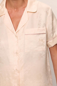 Model is wearing Inez Washable Silk Jacquard Short PJ Set in  Floralvine Peachdust/Palemauve