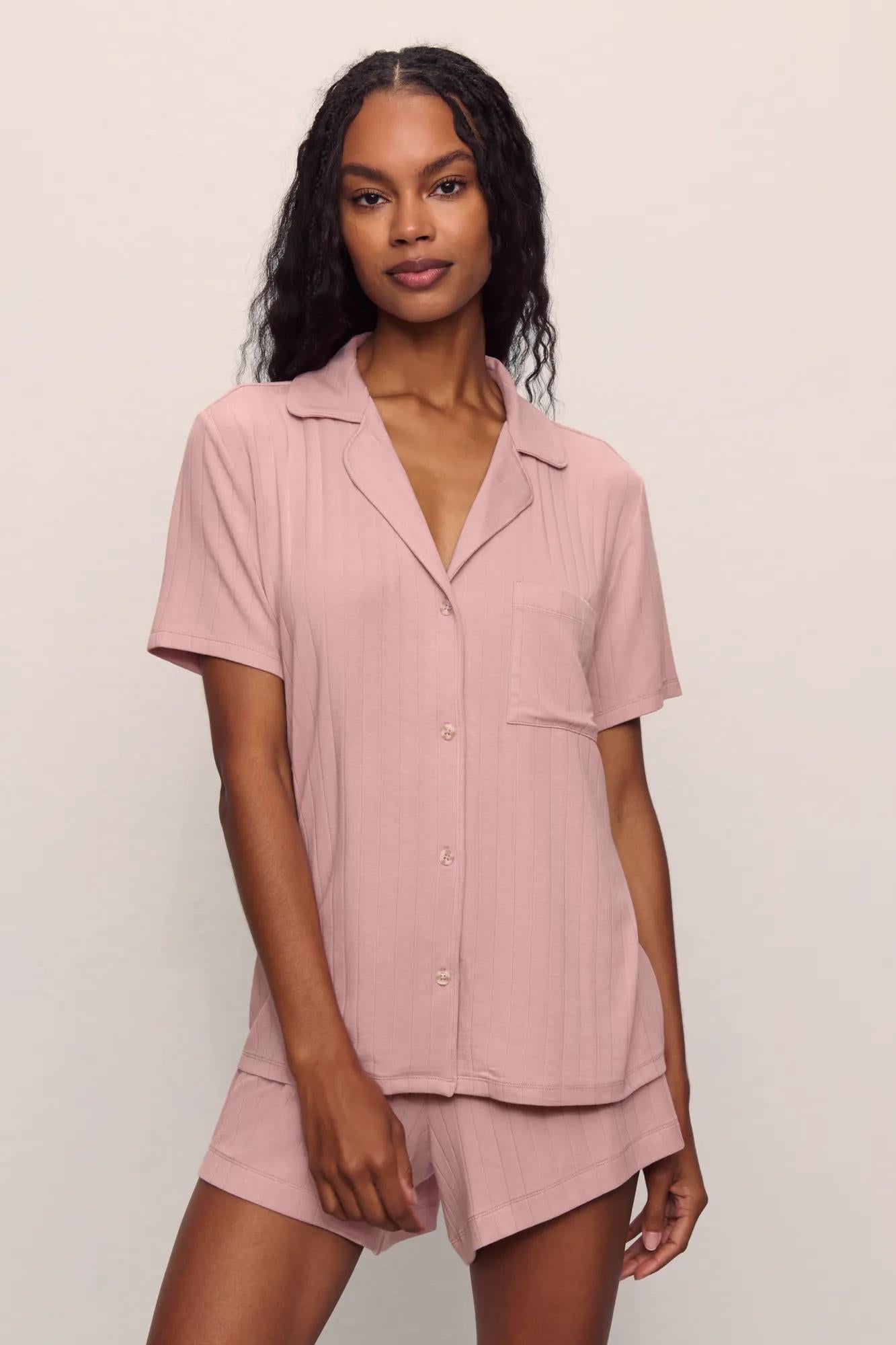 Model is wearing Gisele TENCEL Modal Rib Relaxed Short PJ Set in  Pale Mauve