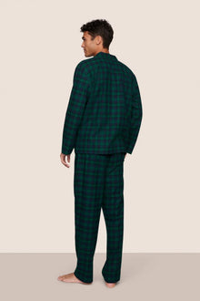 Model is wearing Men's Flannel Long PJ Set  in Black Watch Tartan Rainforest/Navy
