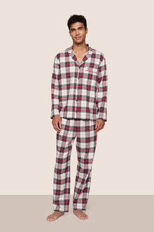 Model is wearing Men's Flannel Long PJ Set  in Tartan Plaid Ivory/Holly Red