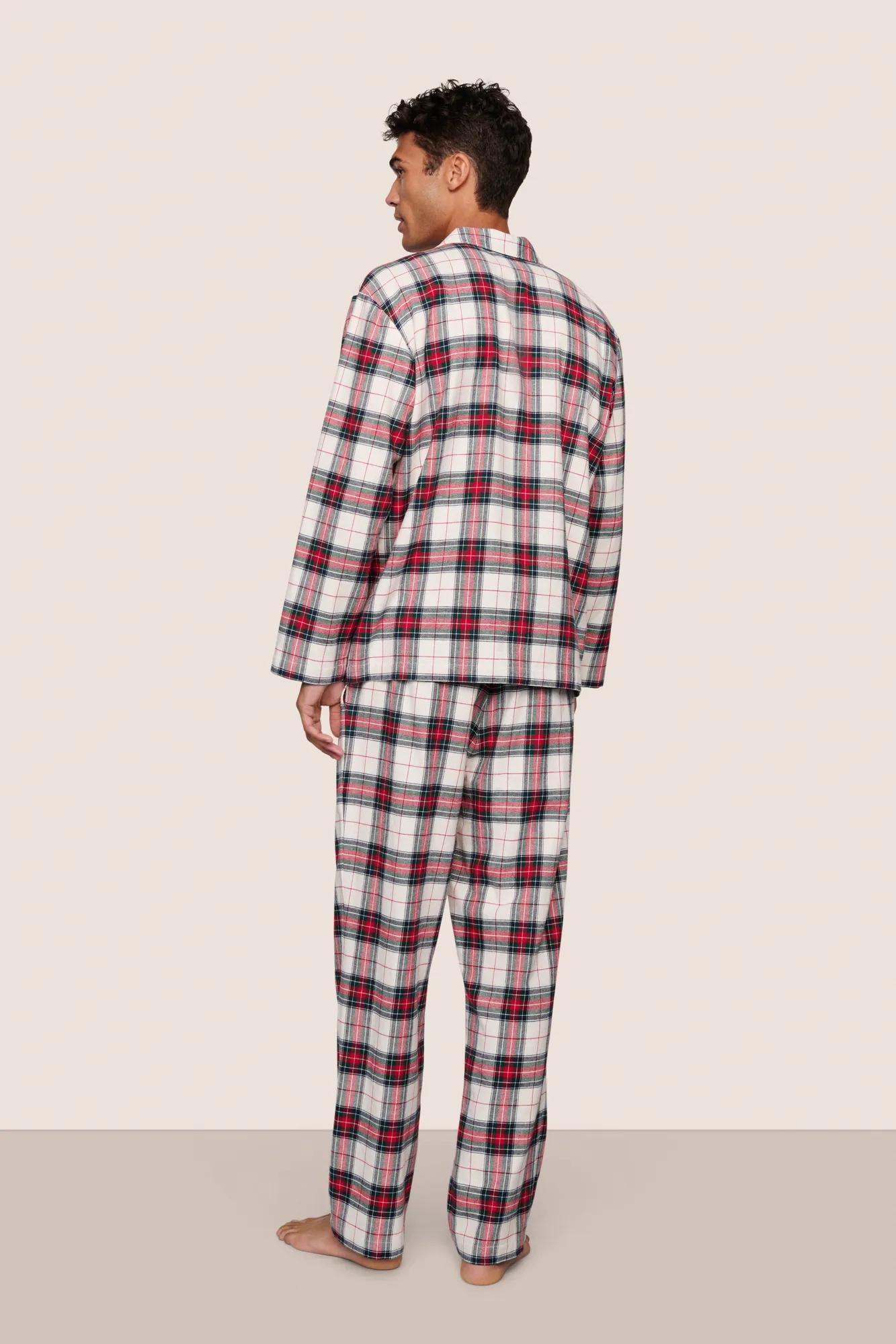 Model is wearing Men's Flannel Long PJ Set  in Tartan Plaid Ivory/Holly Red