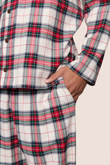 Model is wearing Men's Flannel Long PJ Set  in Tartan Plaid Ivory/Holly Red