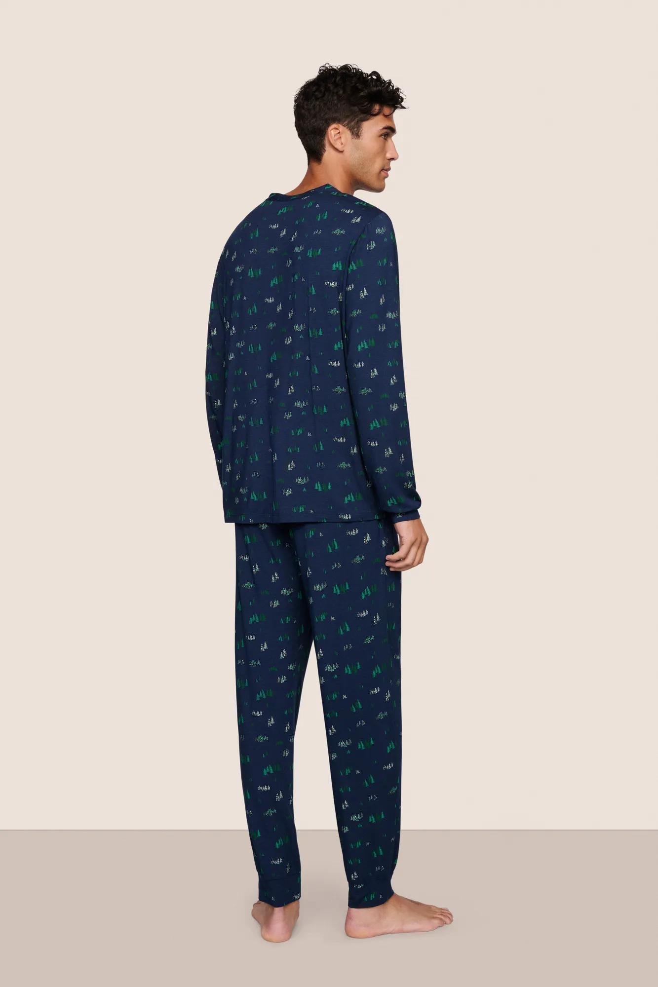Model is wearing Henry Printed TENCEL Modal Long PJ Set  in Forest Pine Navy
