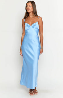 Front view of a light blue satin maxi dress with a gathered sweetheart neckline and thin spaghetti straps