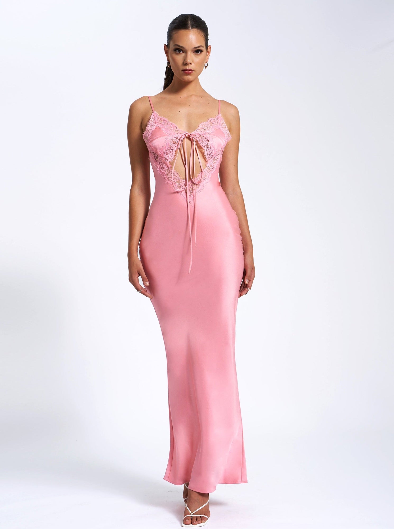 Zinnia Salmon Satin Lace Maxi Dress | Pink