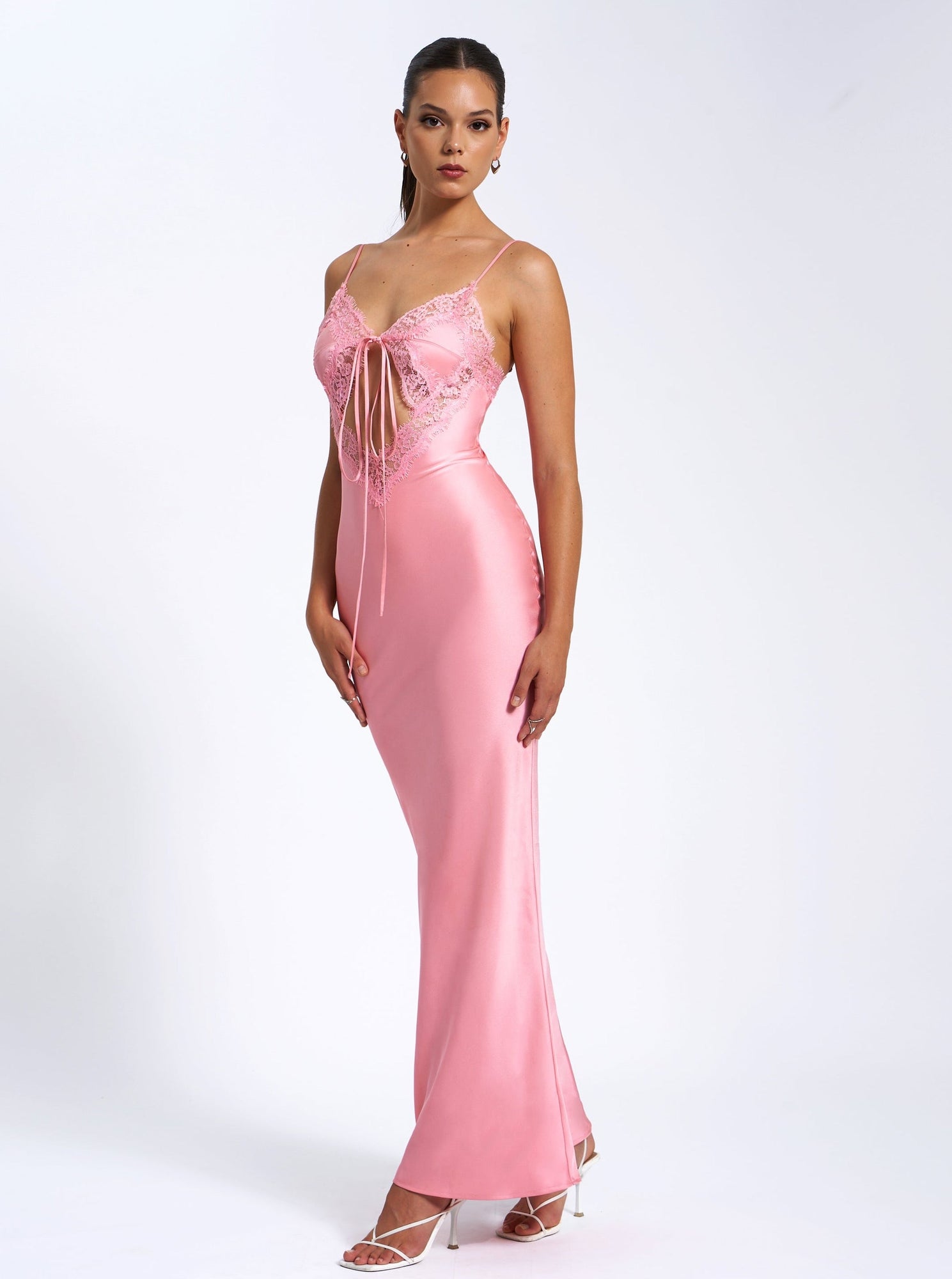 Zinnia Salmon Satin Lace Maxi Dress | Pink