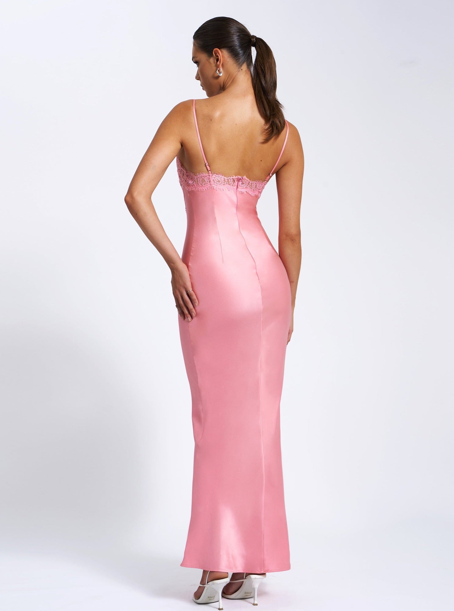 Zinnia Salmon Satin Lace Maxi Dress | Pink