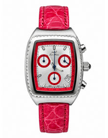 Pink Chronograph Watch Steel Watch with Genuine Leather Band | Red/Silver