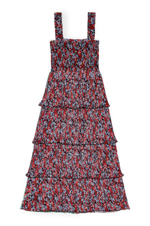 Pleated Georgette Flounce Smock Midi Dress | High Risk Red