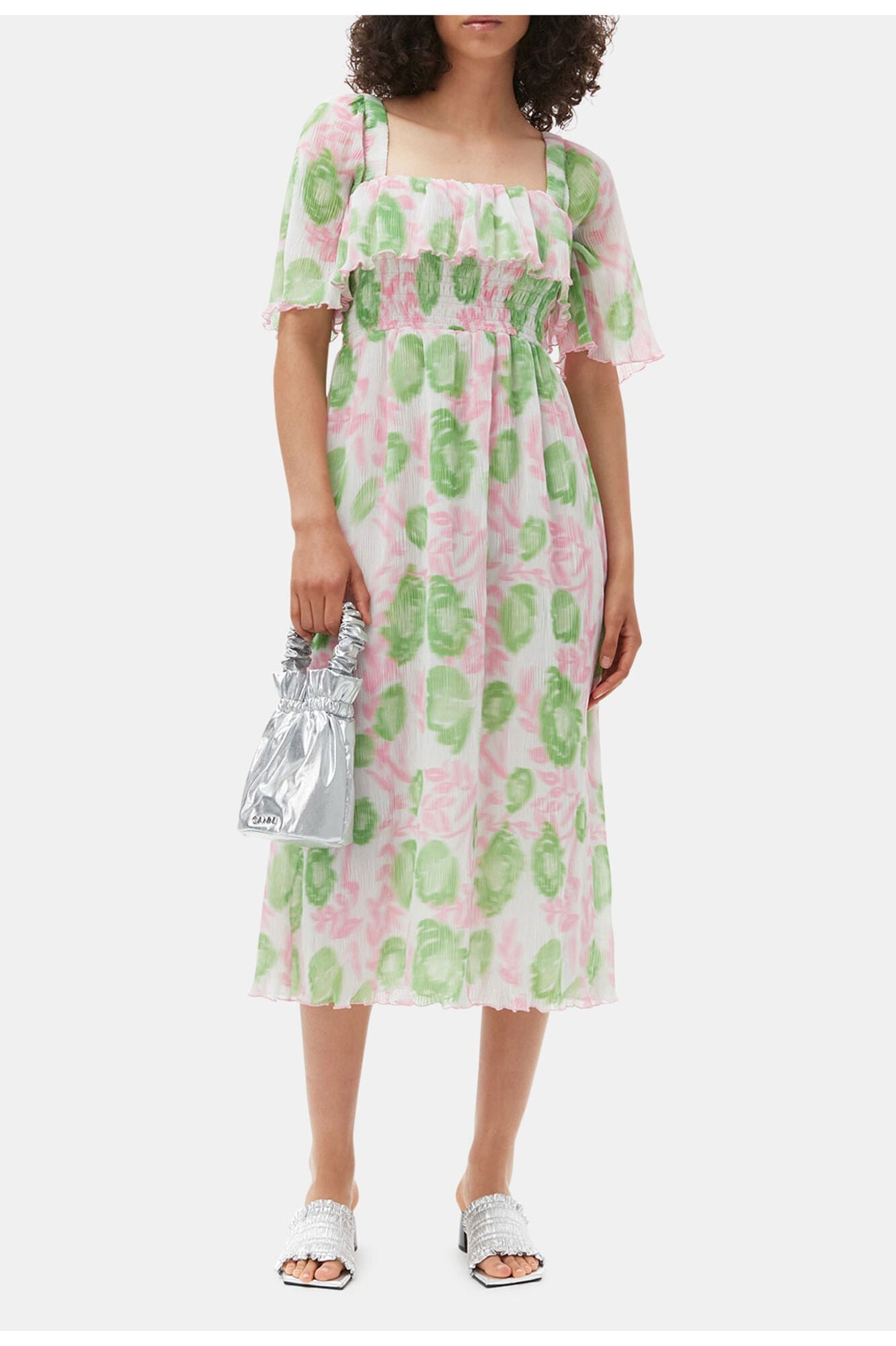 Pleated Georgette Midi Smock Dress | Pink Tulle