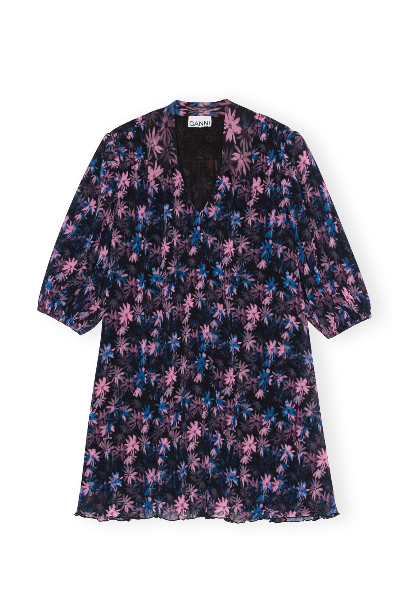 Pleated Georgette Mini Dress | Daisy Spray Lilac Sachet