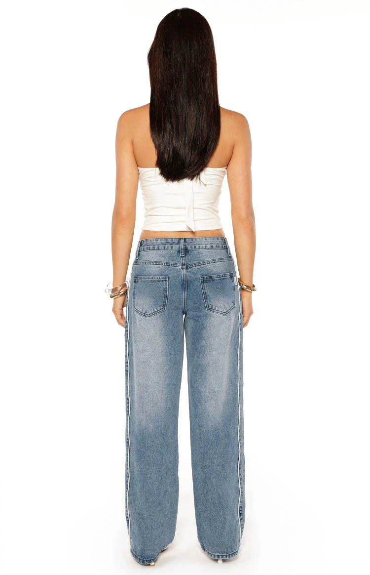 Posey Contrast Seam Wide Leg Jeans | Mid Wash