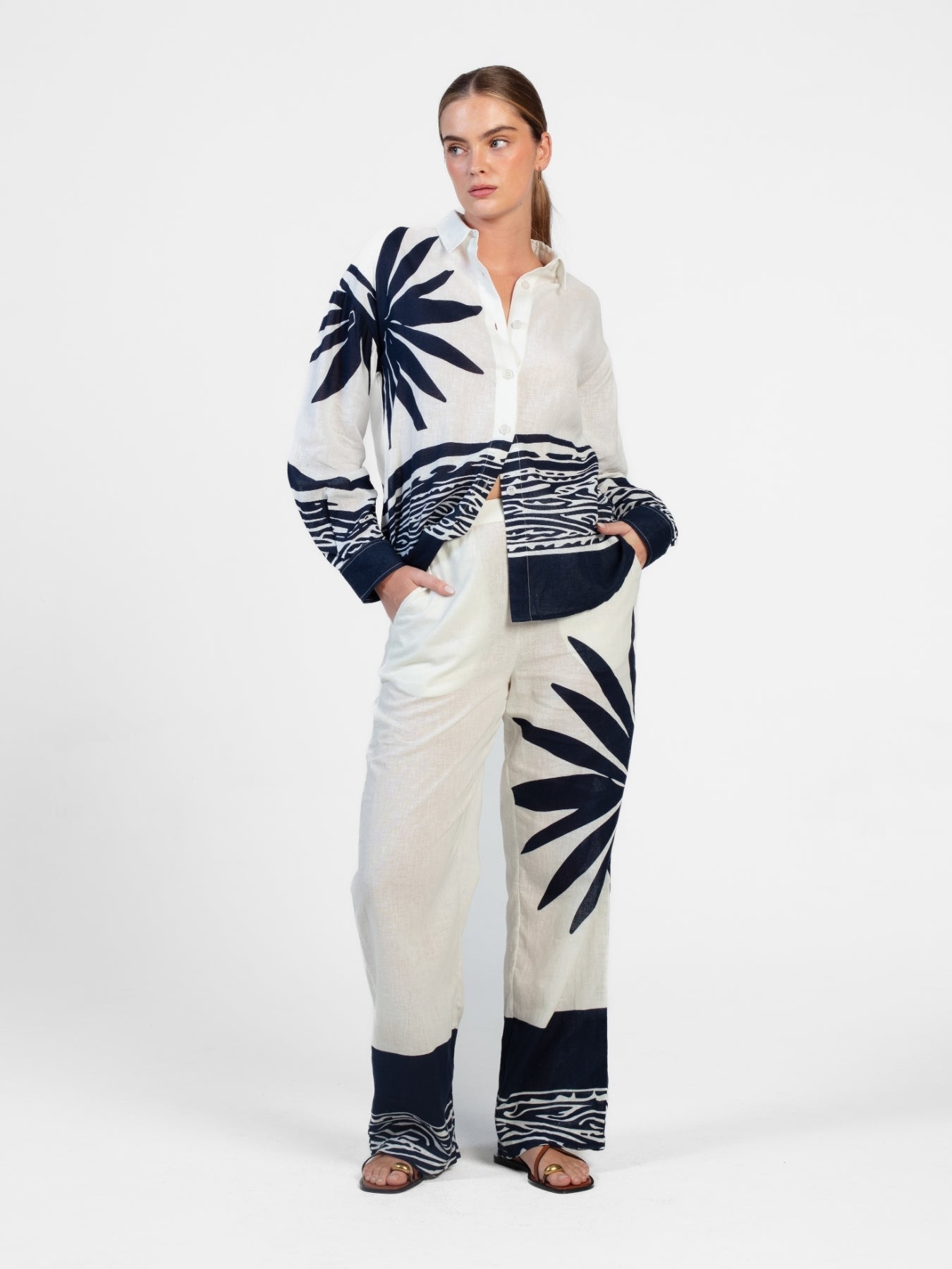 Printed Linen Tova Pants | Baya Navy