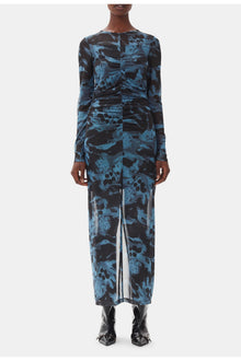 Printed Mesh O neck Ruched Long Dress | Blue Shadow