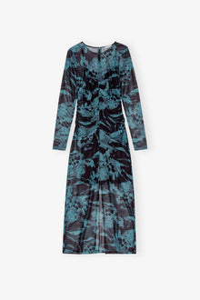 Printed Mesh O neck Ruched Long Dress | Blue Shadow