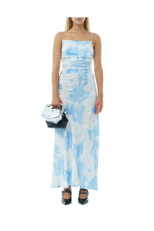 Printed Satin Ruched Long Slip Dress | Powder Blue
